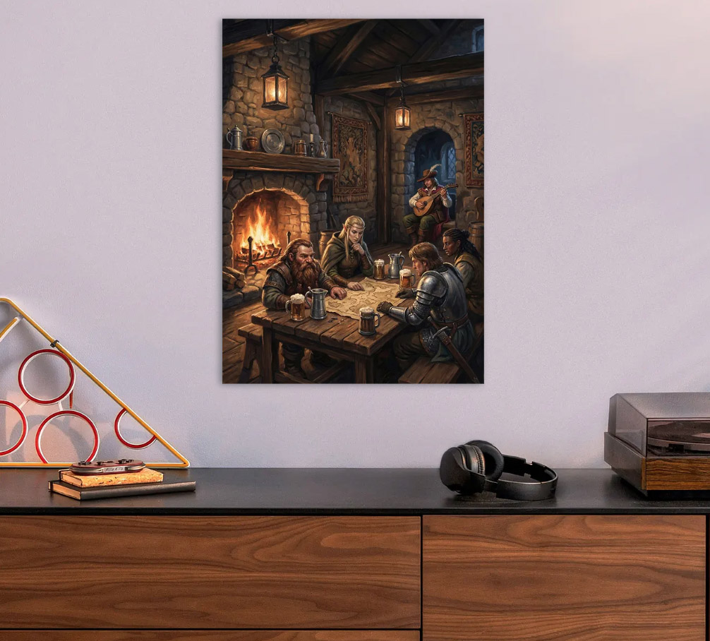 Fantasy Adventurers in a Tavern — metal poster wall art by Lineer